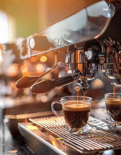 A professional espresso machine in action, pouring hot coffee into glass cup. The scene captures the essence of coffee artistry and the inviting atmosphere of a café. Generative Ai