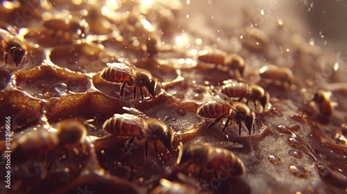  A tight shot of numerous honeybees on a wooden surface, with water droplets hovering above and below them at the image's bottom photo