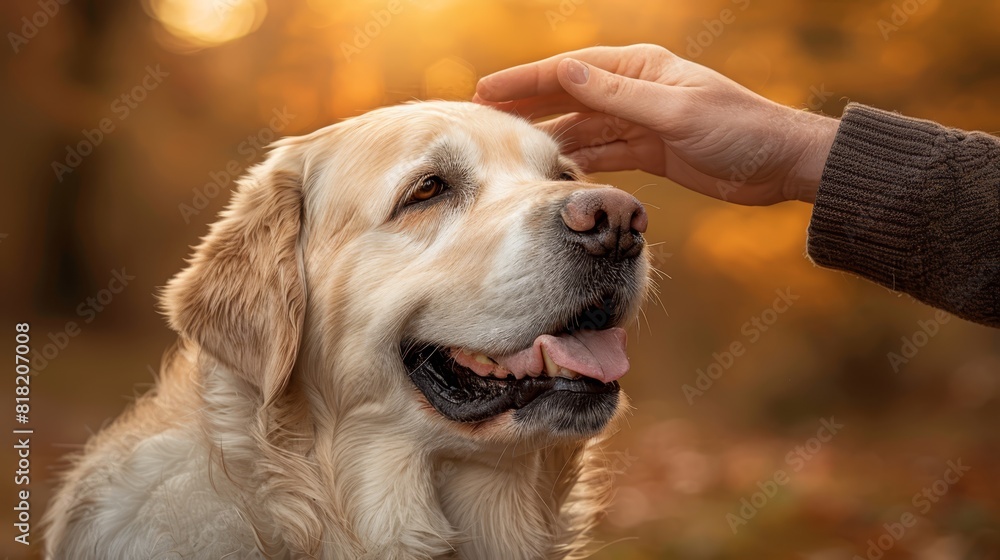 A person closely pets a dog's face Sunlight filters through the trees in the background as they hold the dog's paw A person closely pets a dog's face Sunlight filters through the trees in the background as they hold the dog's paw