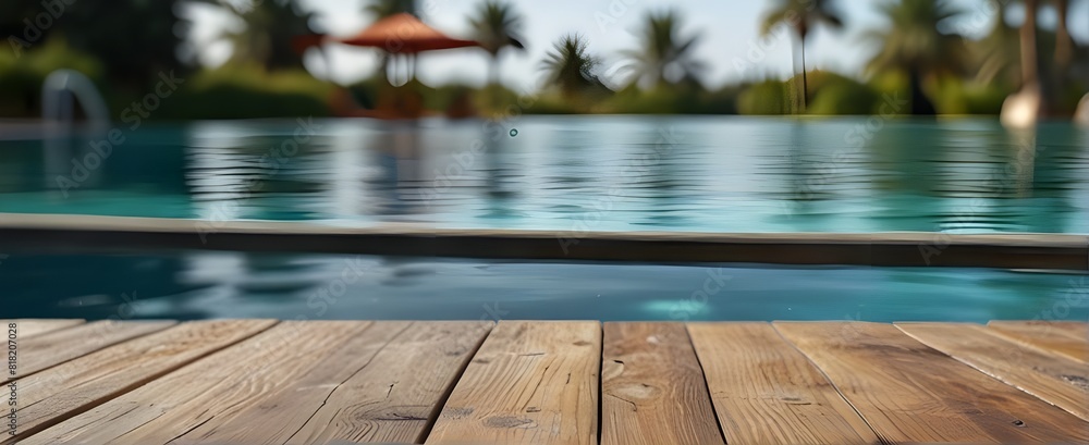 Creative mock, empty wooden table in front of a swimming pool