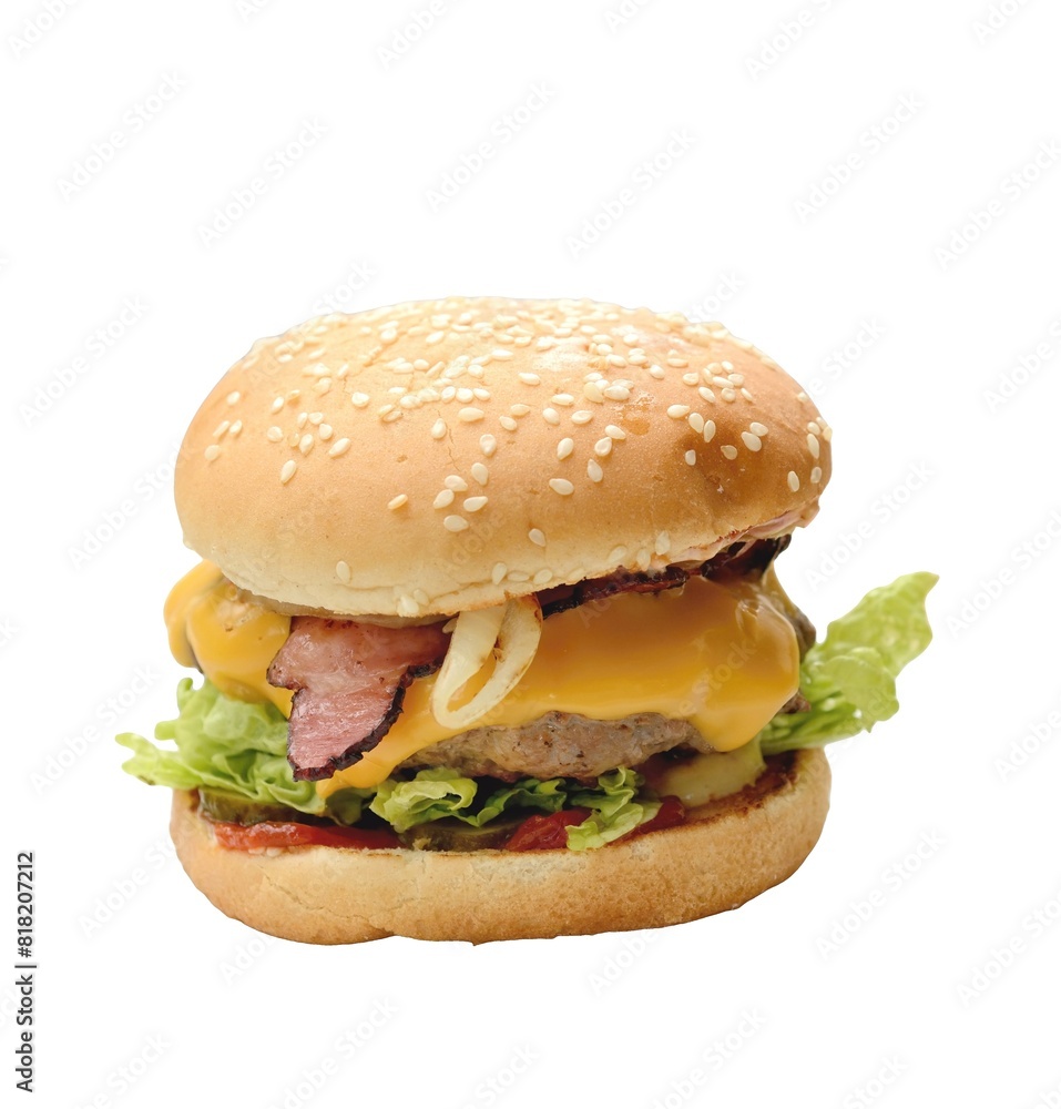 Closeup of a fresh hamburger isolated on a white background. Hamburger with sesame seed bun, cheese, onion, bacon, lettuce and beef meat. Closeup of a fresh hamburger isolated on a white background. Hamburger with sesame seed bun, cheese, onion, bacon, lettuce and beef meat.