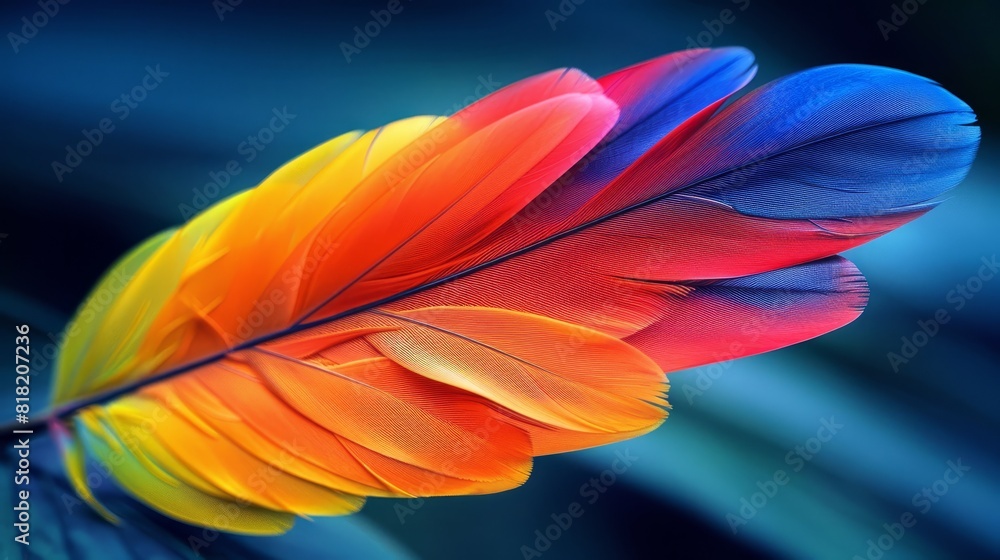A tight shot of a multi-hued feather against a backdrop of blue and green The reverse side of the feather is softly blurred, along with the upper portion of its A tight shot of a multi-hued feather against a backdrop of blue and green The reverse side of the feather is softly blurred, along with the upper portion of its
