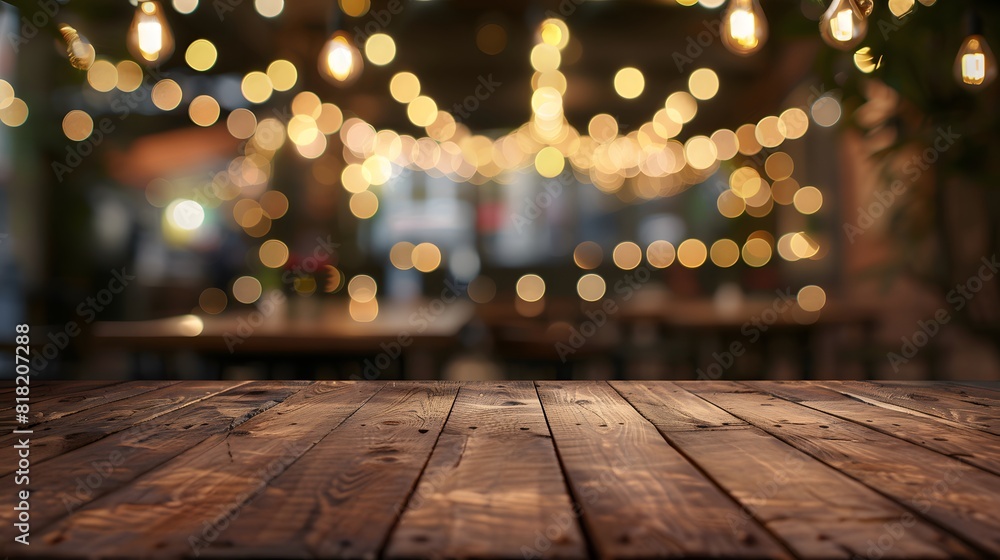 image of wooden table in front of abstract blurred background of resturant lights image of wooden table in front of abstract blurred background of resturant lights