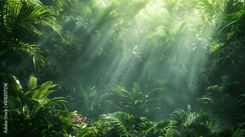 A lush, dense jungle with sunlight filtering through the green leaves