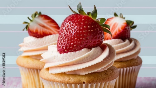 A mouthwatering, close-up photograph of three scrumptious cupcakes, each topped with a luscious, ripe strawberry perched on a perfectly swirled dollop of creamy frosting