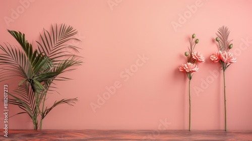  Three pink flowers against a pink wall A green plant on a wooden table  surrounded by palm leaves and a pink wall in the background