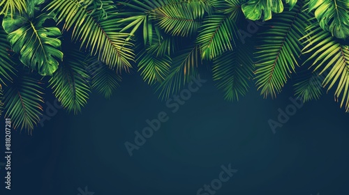  A dark blue background with a green leafy border on the left side and a green leafy background
