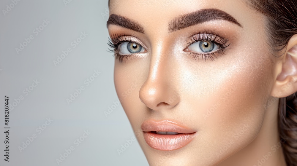 blue eyes sparkle, framed by brown hair; soft makeup enhances features She wears a pristine white blouse, ad blue eyes sparkle, framed by brown hair; soft makeup enhances features She wears a pristine white blouse, ad