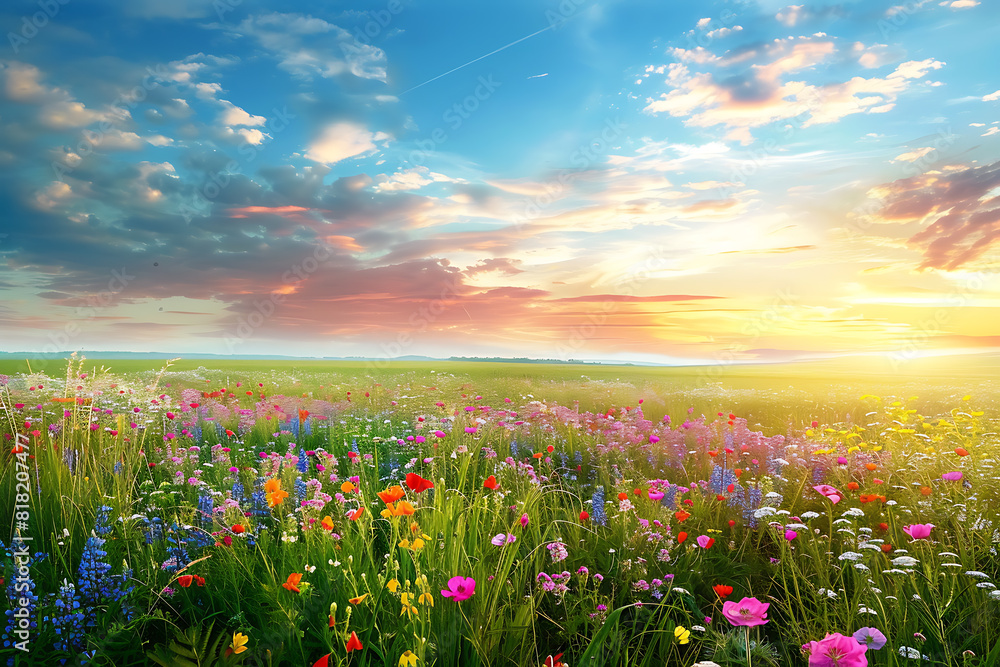 A field of flowers against a background of a beautiful sky. A field of flowers against a background of a beautiful sky.