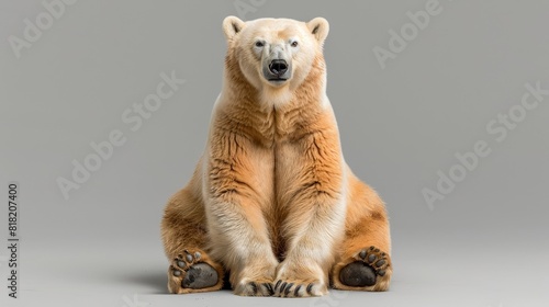  A polar bear gazes sadly at the camera from a gray backdrop, balanced on its hind legs photo