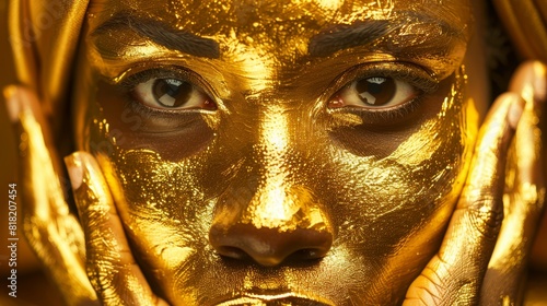  A tight shot of a woman's face, adorned with gold paint on her visage and hands