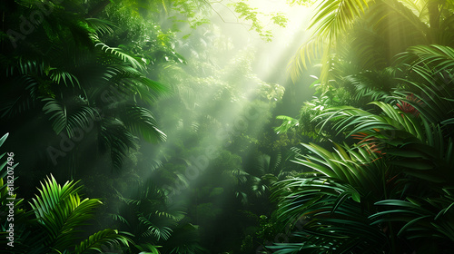 A lush  dense jungle with sunlight filtering through the green leaves