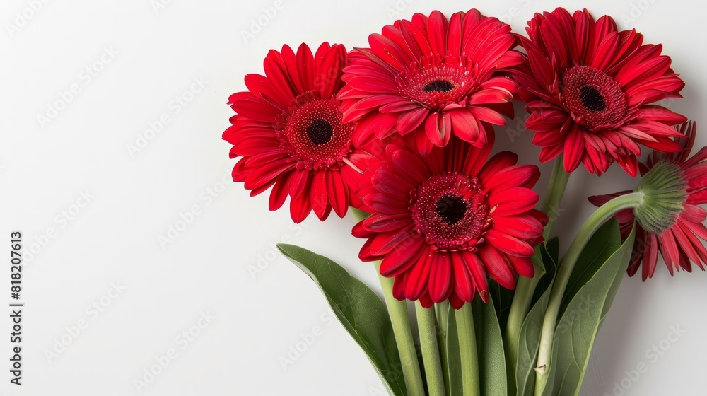A red flower bouquet atop a white counter, near a green stem Red bloom in vase alongside a white wall A red flower bouquet atop a white counter, near a green stem Red bloom in vase alongside a white wall
