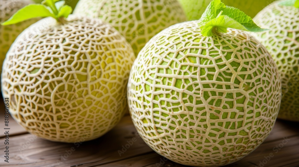 A collection of melons atop a wooden table One melon bears green leaves, while others are accompanied by similar foliage A collection of melons atop a wooden table One melon bears green leaves, while others are accompanied by similar foliage