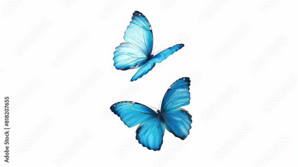 Two blue butterflies fly side by side against a pristine white backdrop A single blue butterfly's cast shadow graces the left side A solitary blue butterfly Two blue butterflies fly side by side against a pristine white backdrop A single blue butterfly's cast shadow graces the left side A solitary blue butterfly