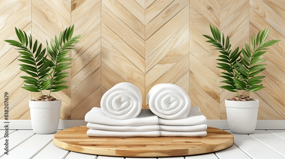 A white tiled floor houses a wooden cutting board with a pile of white towels atop it Nearby stands a potted plant, and a wooden wall forms its backdrop A white tiled floor houses a wooden cutting board with a pile of white towels atop it Nearby stands a potted plant, and a wooden wall forms its backdrop