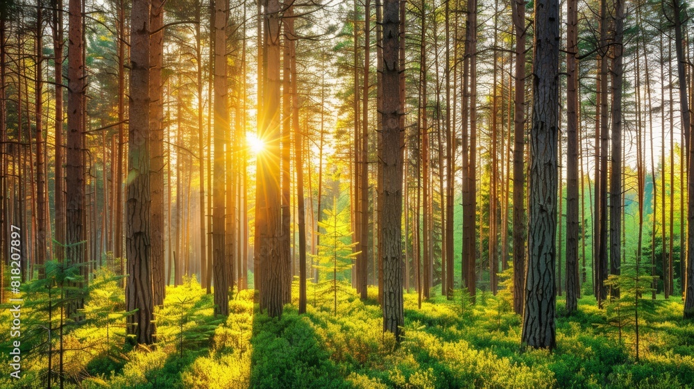 The sun shines through trees in a forest of green grass and tall, thin ...