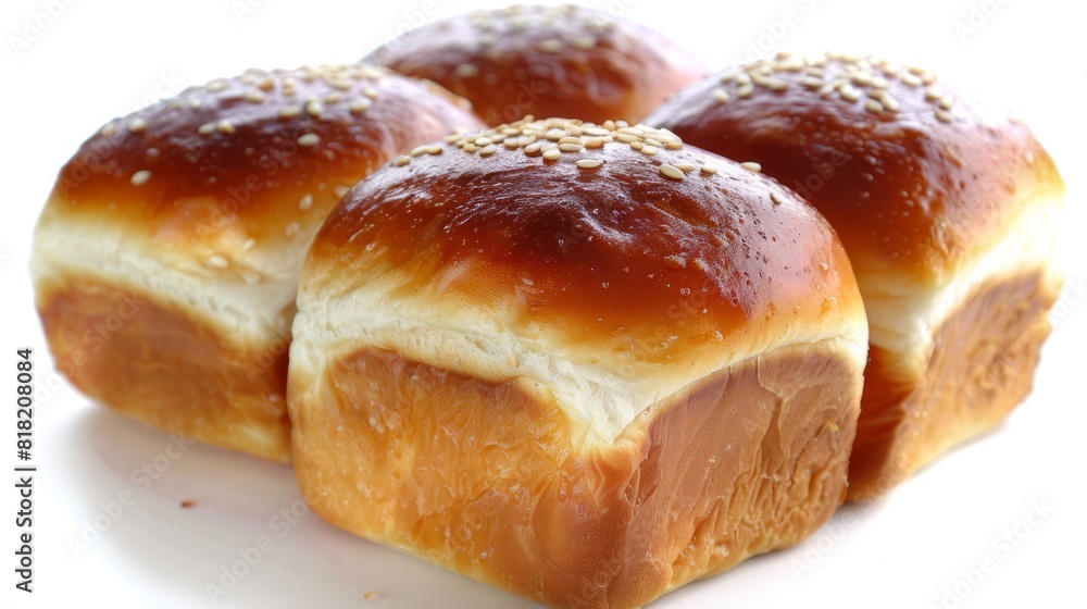 A close-up of a group of buns, each topped with sesame seeds, on a white surface against a plain white background A close-up of a group of buns, each topped with sesame seeds, on a white surface against a plain white background