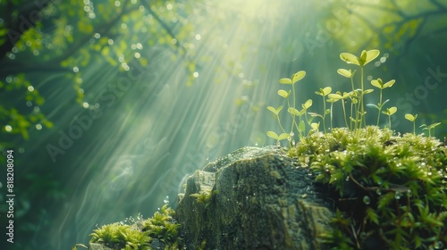  A group of plants growing atop a rock  in the heart of a forest  bathed in sunlight filtering through their leaves above