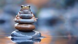  A frog perched atop a stack of rocks, overhanging a body of water Its head rests atop another pile submerged within