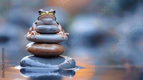  A frog perched atop a stack of rocks, overhanging a body of water Its head rests atop another pile submerged within photo