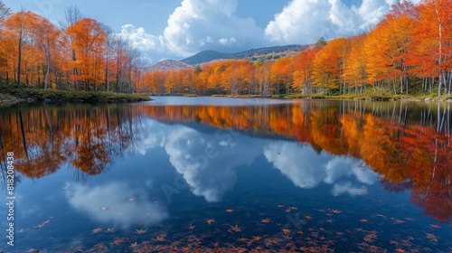 The vibrant colors of autumn leaves reflected in a still, mirror-like lake