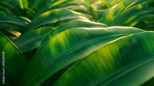 sun rays penetrating lush green leaves; opposite side, oversized, emerald leaves