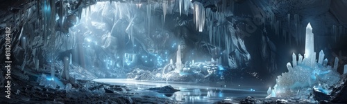 Cave with ice formations and water flowing through it