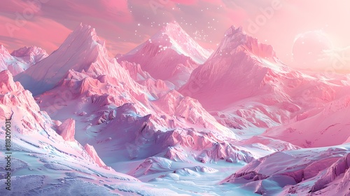 pink and purple aesthetic mountains, glowy and glistening sand, snowy mountains 