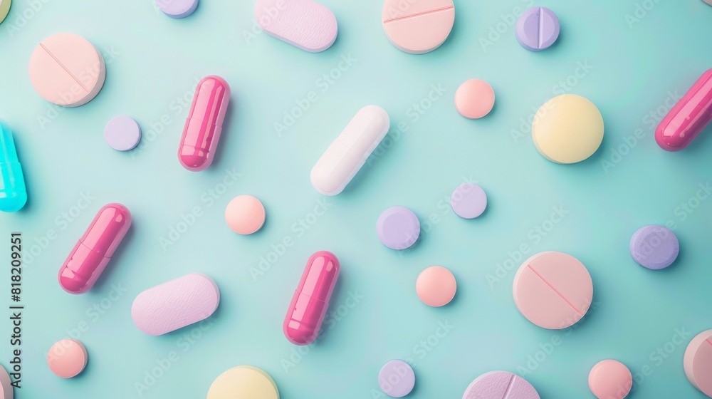 Pastel-colored pills and capsules on a blue background. Vibrant and playful medical and pharmaceutical theme for health-related designs Pastel-colored pills and capsules on a blue background. Vibrant and playful medical and pharmaceutical theme for health-related designs