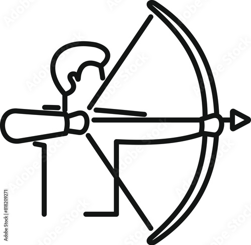 Minimalist linear archery icon design with black and white vector illustration for sport, hobby, and competition branding. Bow, arrow, and archer symbol in simple, elegant, and modern flat design
