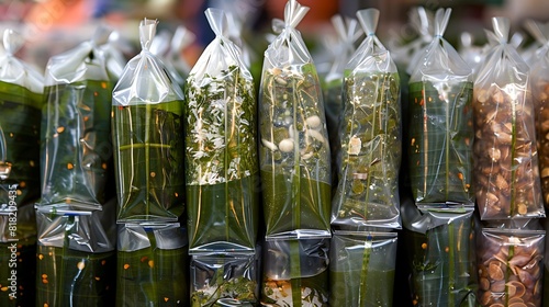 Plastic packs of Miang kham for sale at Chatuchak Weekend Market, Miang Kham mostly consists of raw fresh Piper sarmentosum 