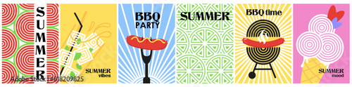 set summer abstract posters in minimal style. retro design line, sunny food covers