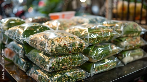 Plastic packs of Miang kham for sale at Chatuchak Weekend Market, Miang Kham mostly consists of raw fresh Piper sarmentosum  photo