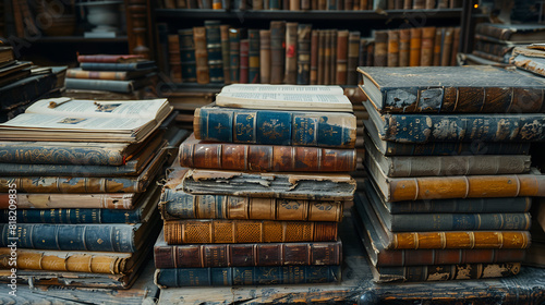 A vintage pile of five old brown leather books with on a wood table. A Old ancient books historical books  Generative Ai  