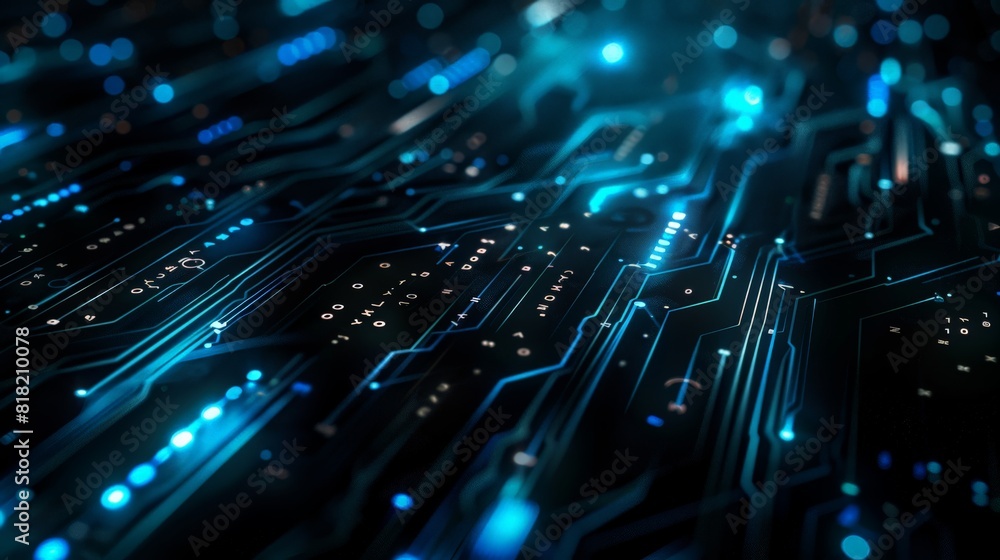 Fototapeta premium High-tech digital circuit board with blue neon lights. Ideal for technology, electronics, and futuristic designs
