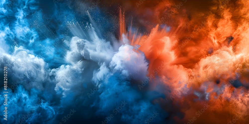Patriotic red white and blue dust explosion background with American flag colors. Concept Independence Day, Fourth of July, Fireworks, American Pride, Patriotic Celebration