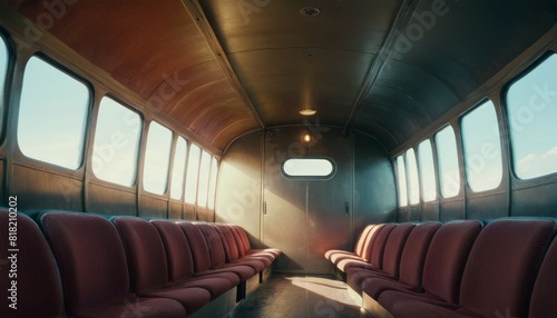 Vintage train car with empty red seats and rounded windows, bathed in warm sunlight during a serene journey.