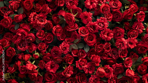 Large Group of Red Roses With Green Leaves