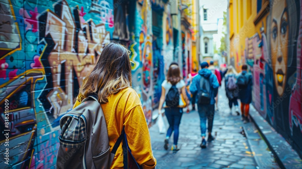Fototapeta premium A group of individuals walking down an alley with colorful graffiti covering the walls
