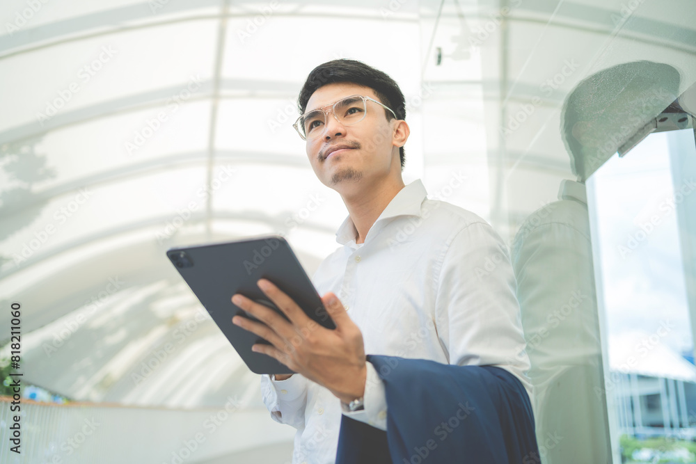 A man wearing glasses and a white shirt is holding a tablet in his hand. He is walking through a building with a white roof A man wearing glasses and a white shirt is holding a tablet in his hand. He is walking through a building with a white roof