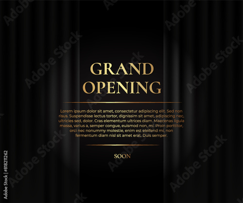 Grand Opening. Luxury banner with black curtain and golden text. Vector illustration