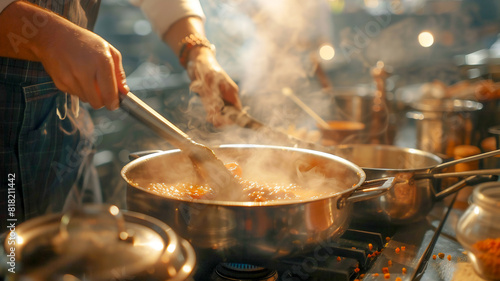 Chef prepare a secret sauce at restaurant .