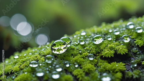 Macro Raindrop on Rainforest Lichen with Unique Texture