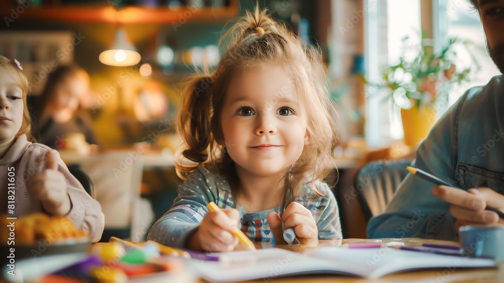 Happy Kid enjoy drawing on coloring book with colorful pencils . Happy Kid enjoy drawing on coloring book with colorful pencils .