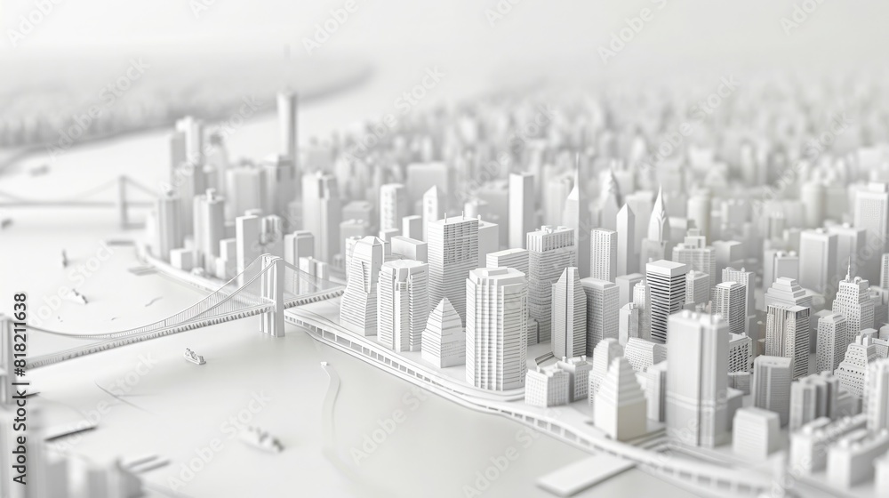 White paper model of New York City on a white background. An aerial view of the city with buildings, bridges and river