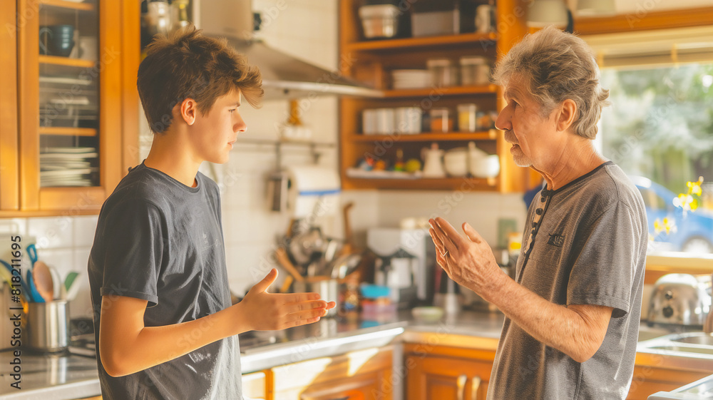 Teenager argue with parents in their house . Teenager argue with parents in their house .