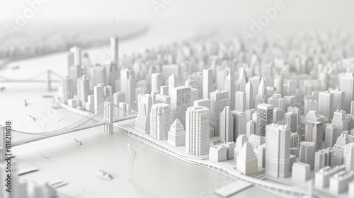 White paper model of New York City on a white background. An aerial view of the city with buildings  bridges and river