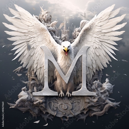 White eagle with wings in the shape of the capital letter M on the background of the ancient city. photo