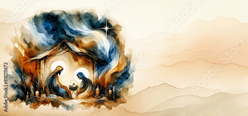 Watercolor painting representing Nativity scene in Bethlehem. Christmas scene illustration showing holy family Joseph Mary and baby Jesus in the manger. Banner Copy space. Message postcard